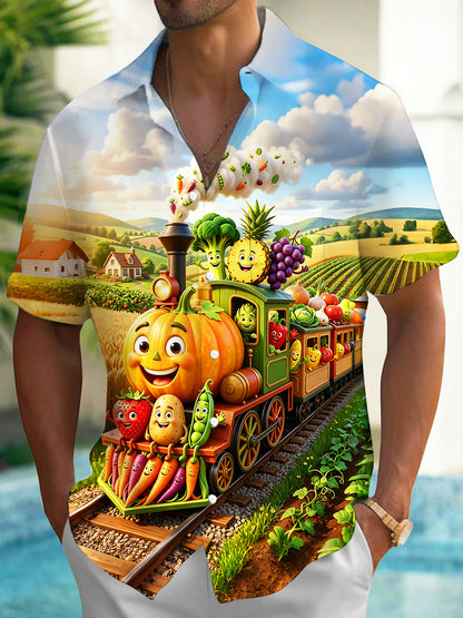 Adaychic Men's Short Sleeve Shirt - Cartoon Pumpkin Train With Fruits And Vegetables Print with Chest Pocket