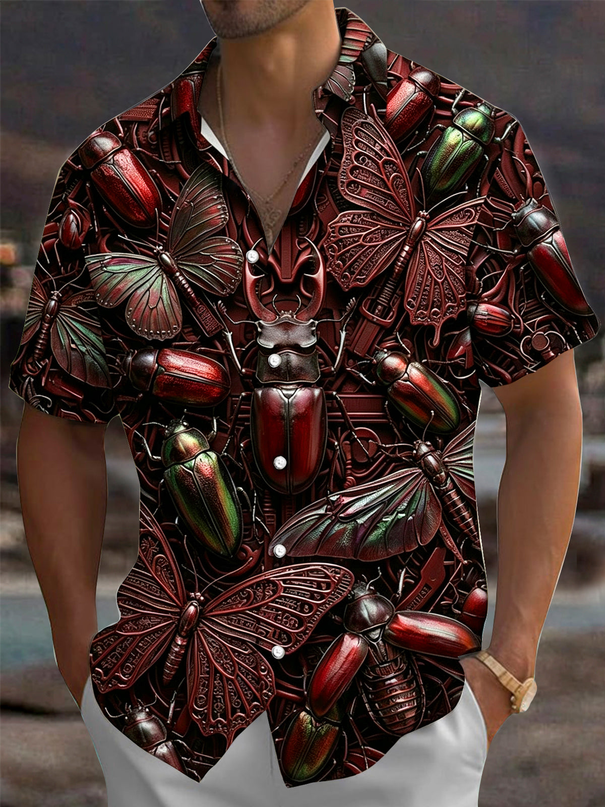 Adaychic Men's Hawaiian Insect Beetle Butterfly Print Short Sleeve Shirt with Chest Pocket