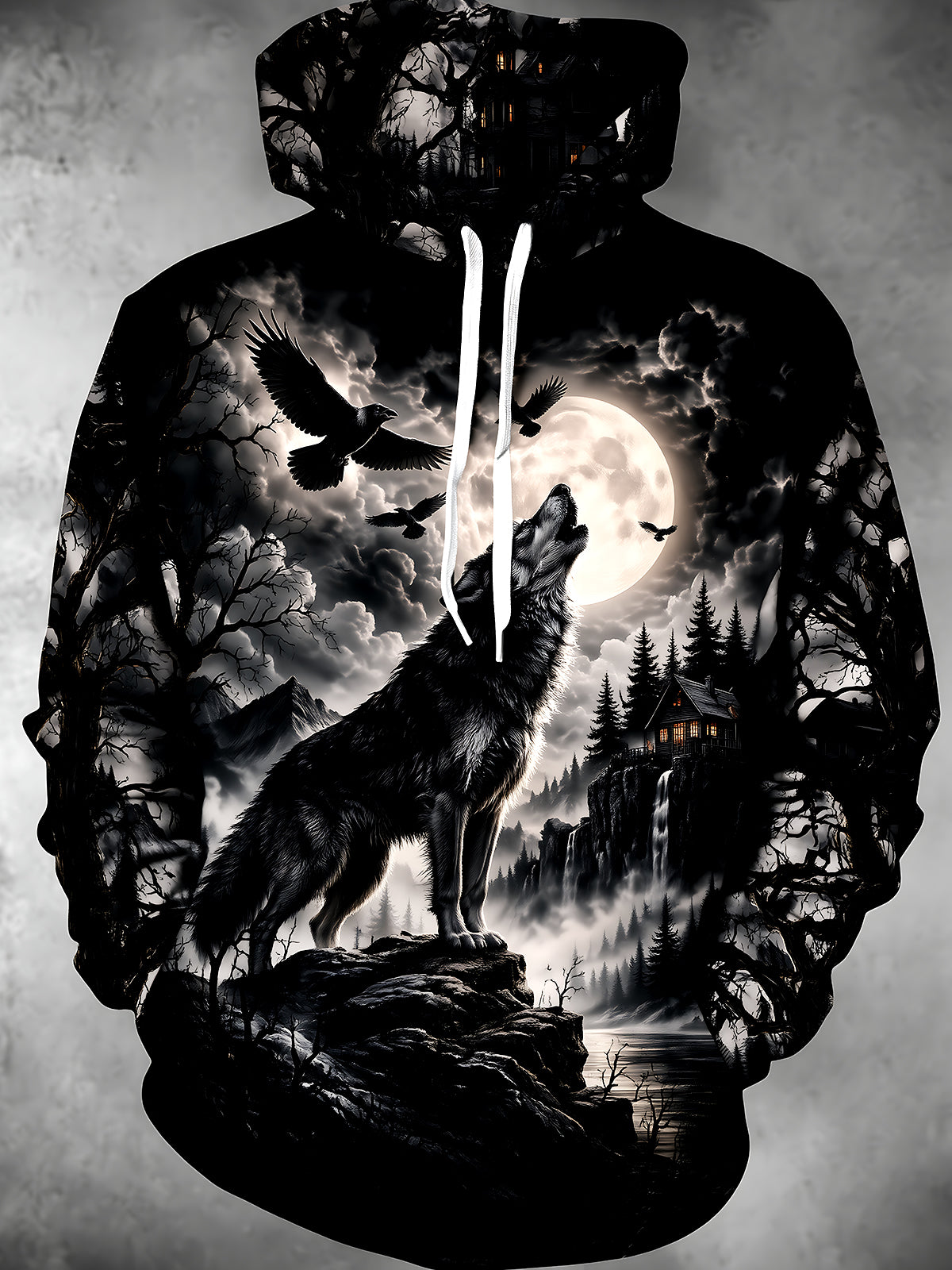 Adaychic Men's Howling Wolf And Full Moon Landscape Print Long Sleeve Hoodie