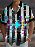 Adaychic Men's Musical Notes And Sound Waveform Print Short Sleeve Shirt with Chest Pocket