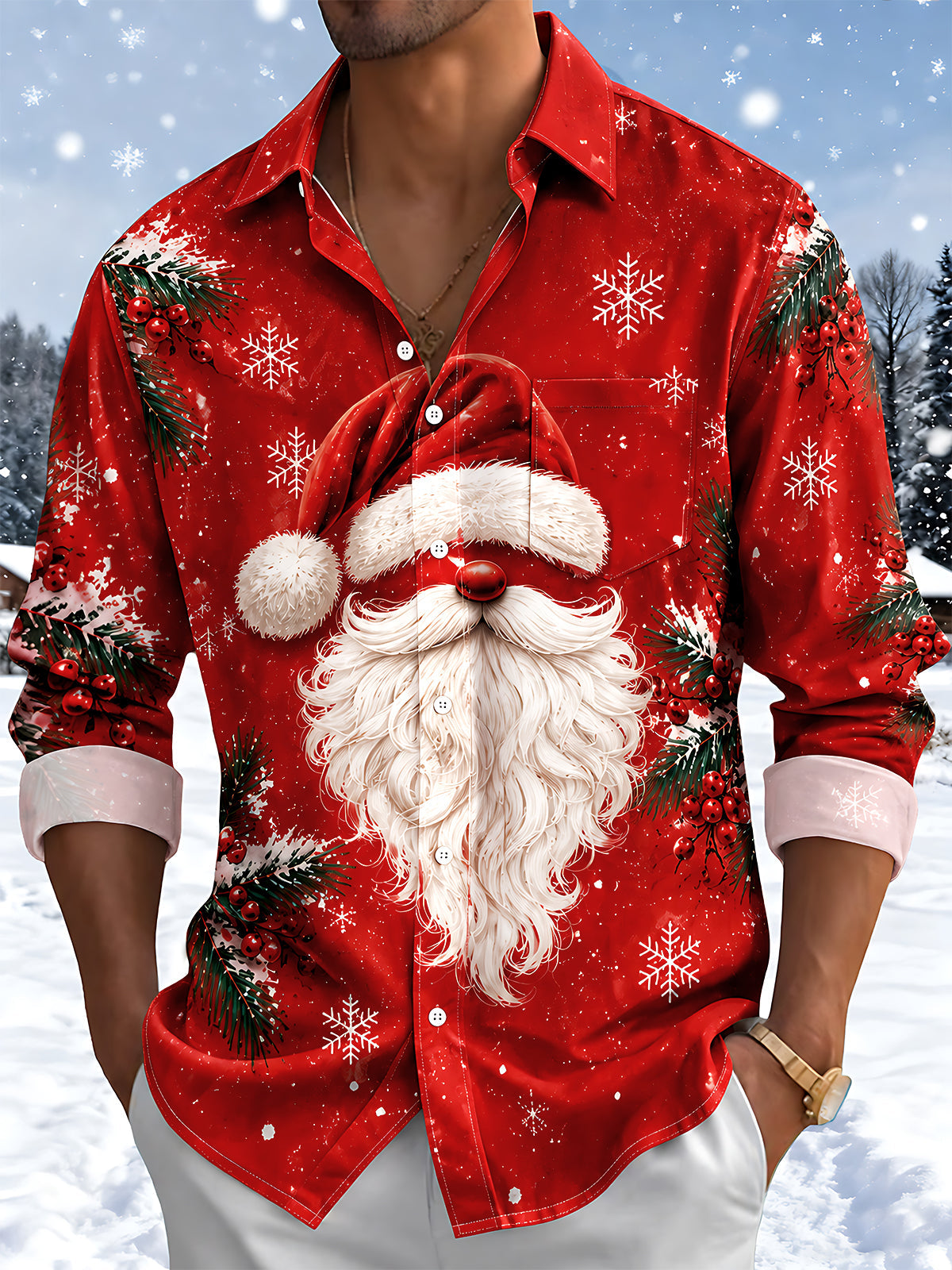 Adaychic Men's Printed Christmas Beard And Hat Print Long Sleeve Shirt with Chest Pocket
