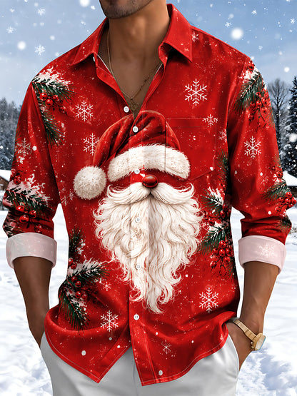 Adaychic Men's Printed Christmas Beard And Hat Print Long Sleeve Shirt with Chest Pocket