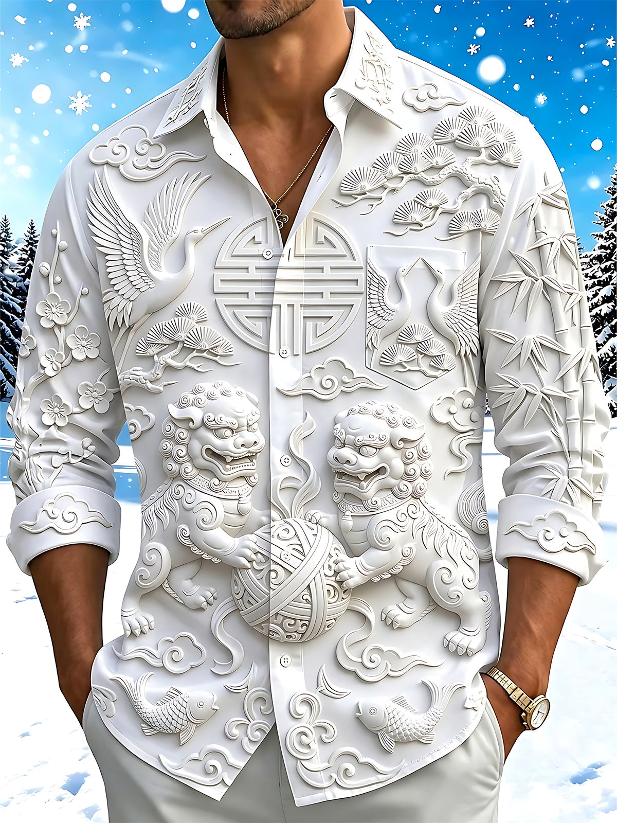Adaychic Men's Graphic Stone Lion Print Crane Print Long Sleeve Shirt with Chest Pocket