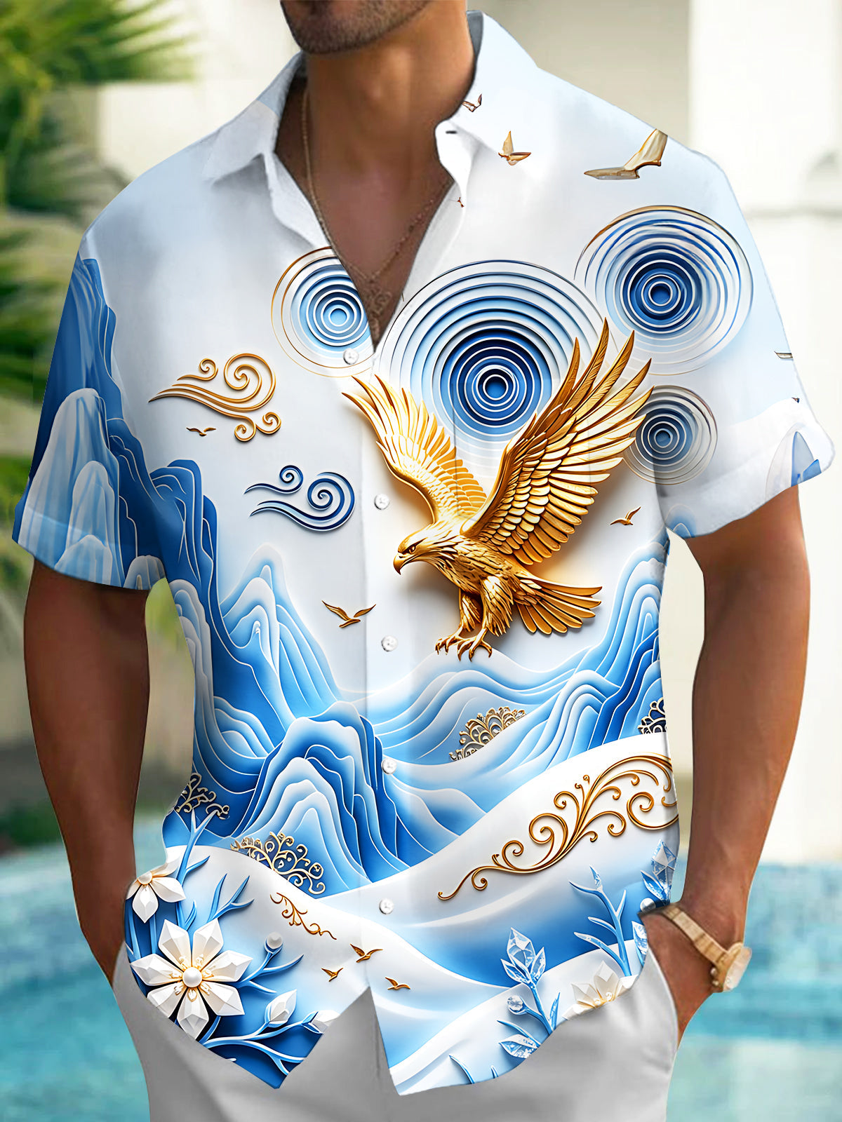 Adaychic Men's Golden Eagle And Mountain Landscape Print Short Sleeve Shirt with Chest Pocket