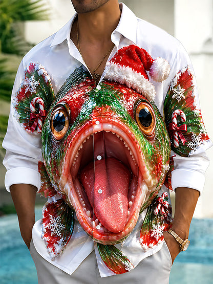 Adaychic Men's Graphic Christmas Fish With Santa Hat Print Long Sleeve Shirt with Chest Pocket