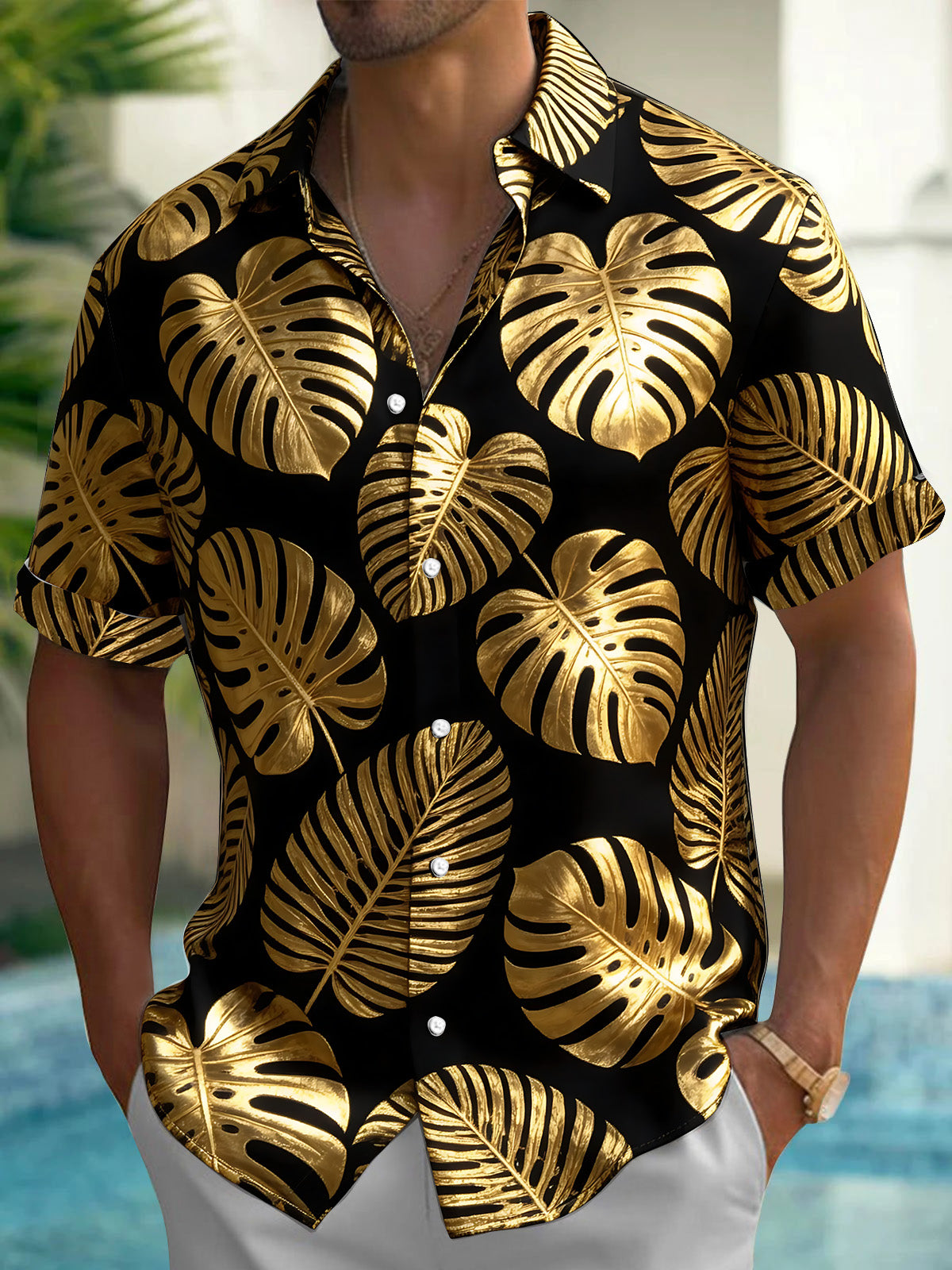 Adaychic Men's Gold Palm Leaf And Monstera Leaf Print Short Sleeve Shirt with Chest Pocket