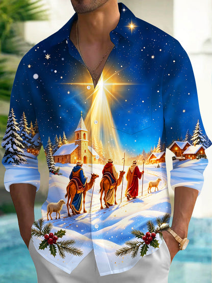 Adaychic Men's Christmas Three Wise Men And Camels Print Long Sleeve Shirt with Chest Pocket