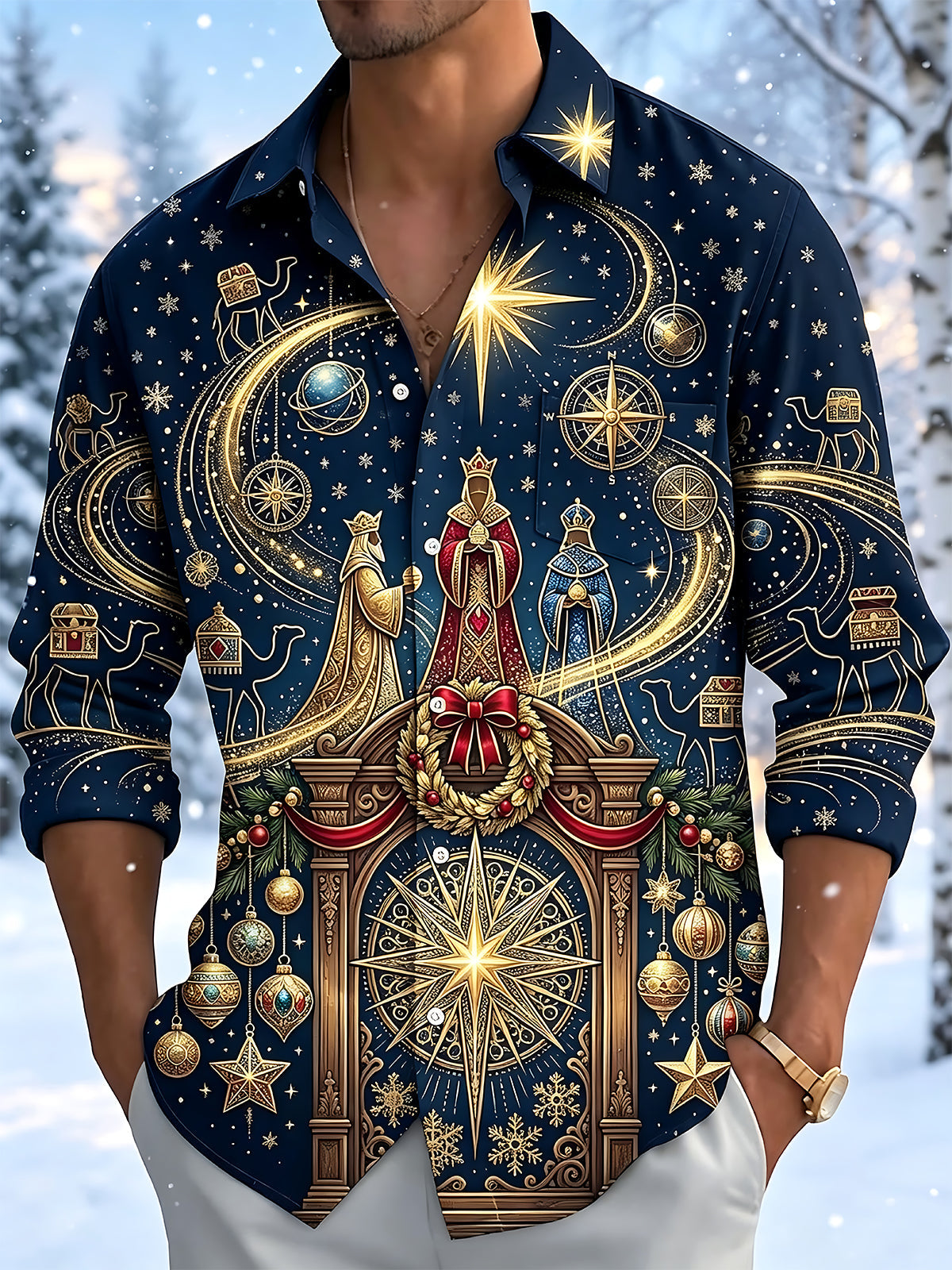 Adaychic Men's Three Wise Men And Christmas Ornaments Print Long Sleeve Shirt with Chest Pocket