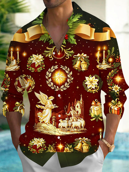 Adaychic Men's Long Sleeve Shirt - Christmas Nativity Scene With Angel And Shepherd Print with Chest Pocket
