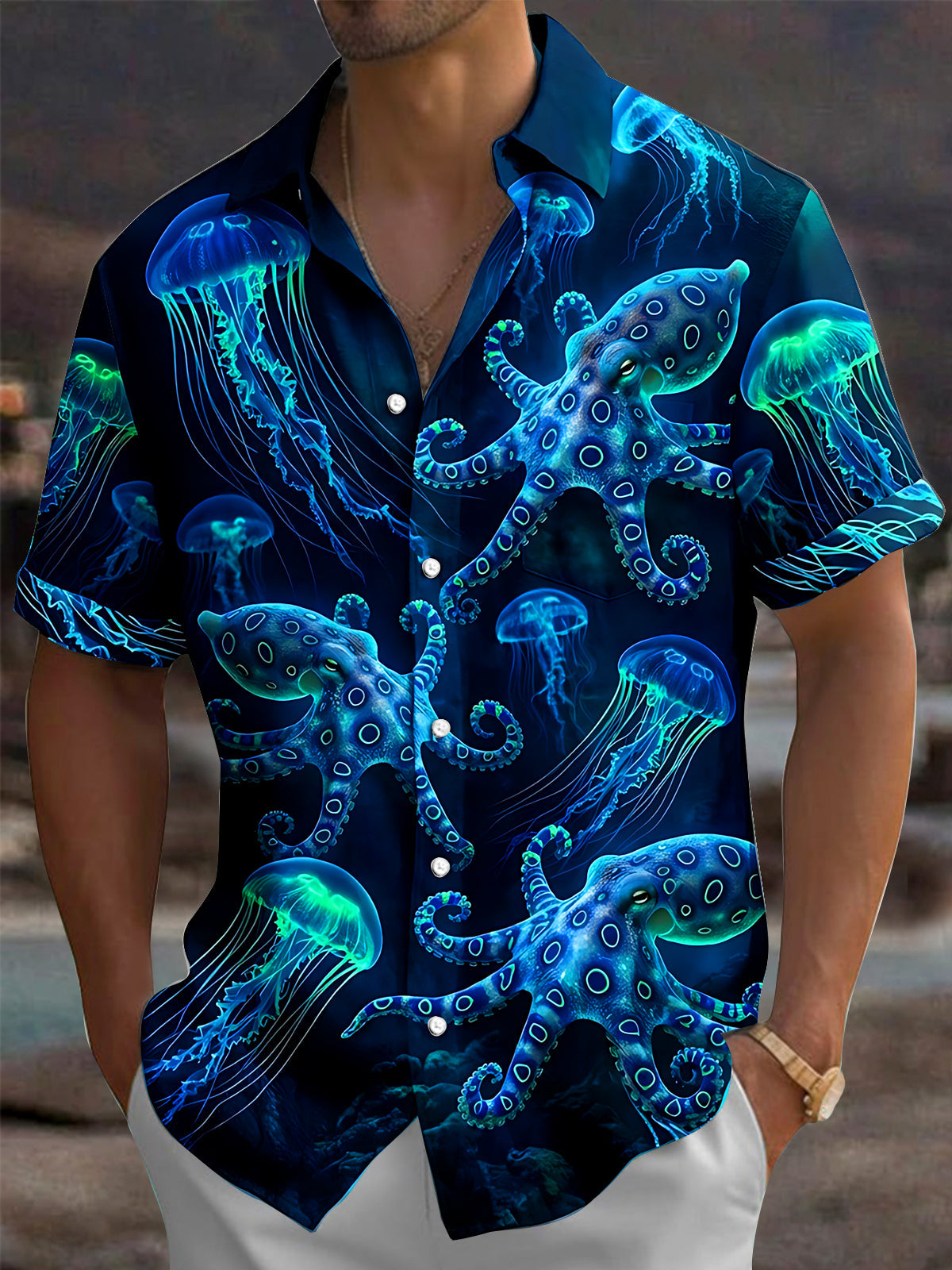 Adaychic Men's Hawaiian Neon Jellyfish Print Octopus Print Short Sleeve Shirt with Chest Pocket