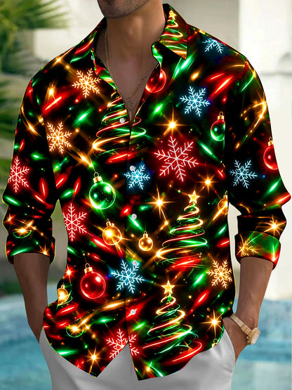 Adaychic Men's Printed Christmas Trees And Ornaments Print Long Sleeve Shirt with Chest Pocket