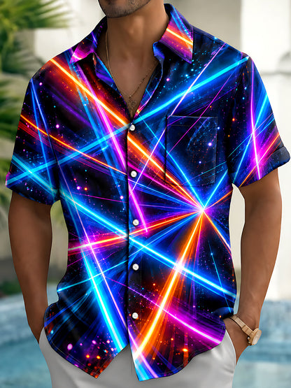 Adaychic Men's Neon Geometric Light Rays And Stars Print Short Sleeve Shirt with Chest Pocket