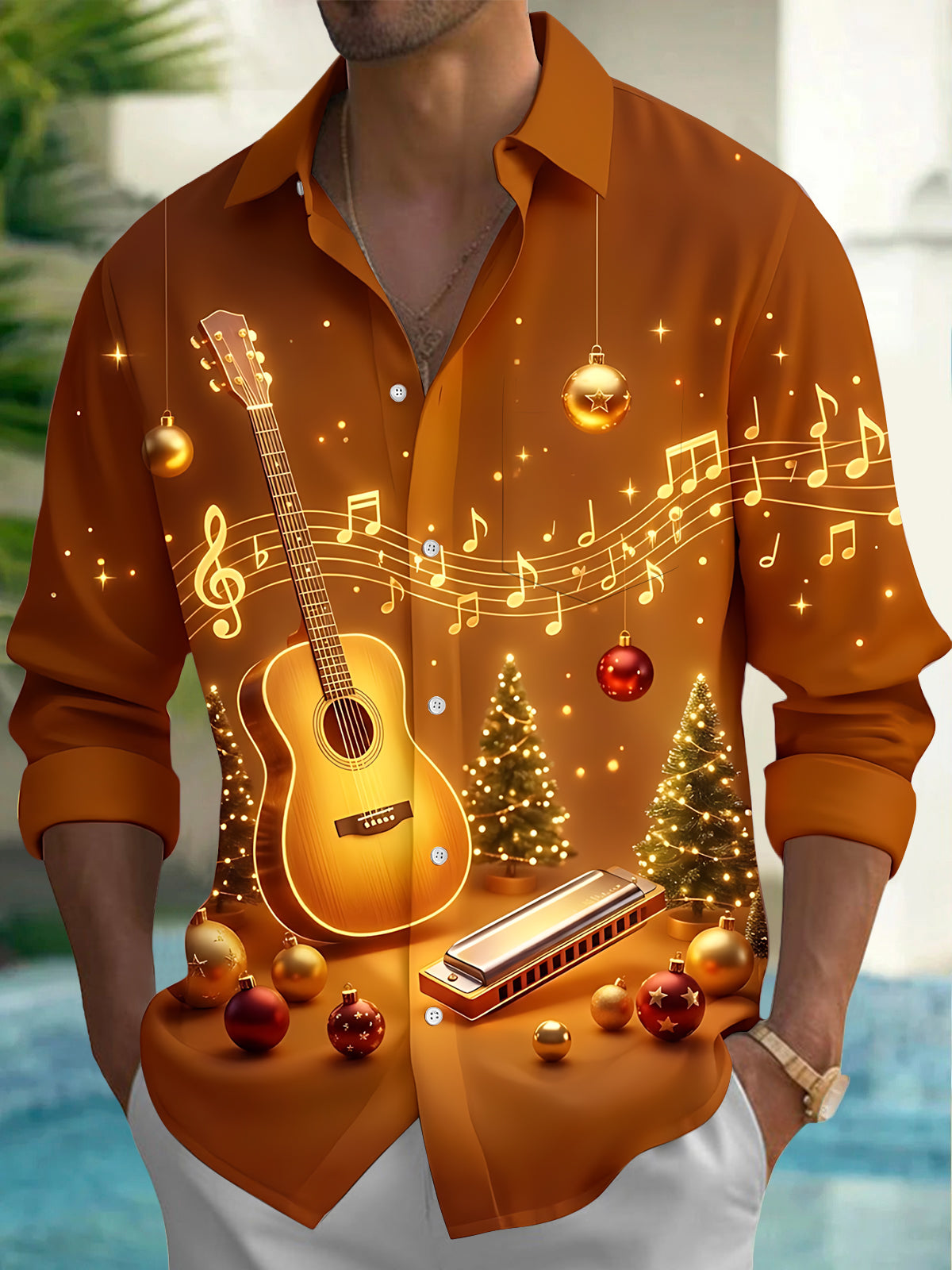 Adaychic Men's Graphic Christmas Guitar Print Long Sleeve Shirt with Chest Pocket
