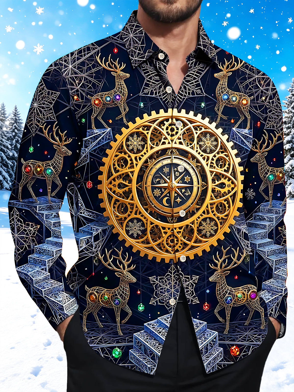 Adaychic Men's Long Sleeve Shirt - Geometric Reindeer And Christmas Ornaments Print with Chest Pocket