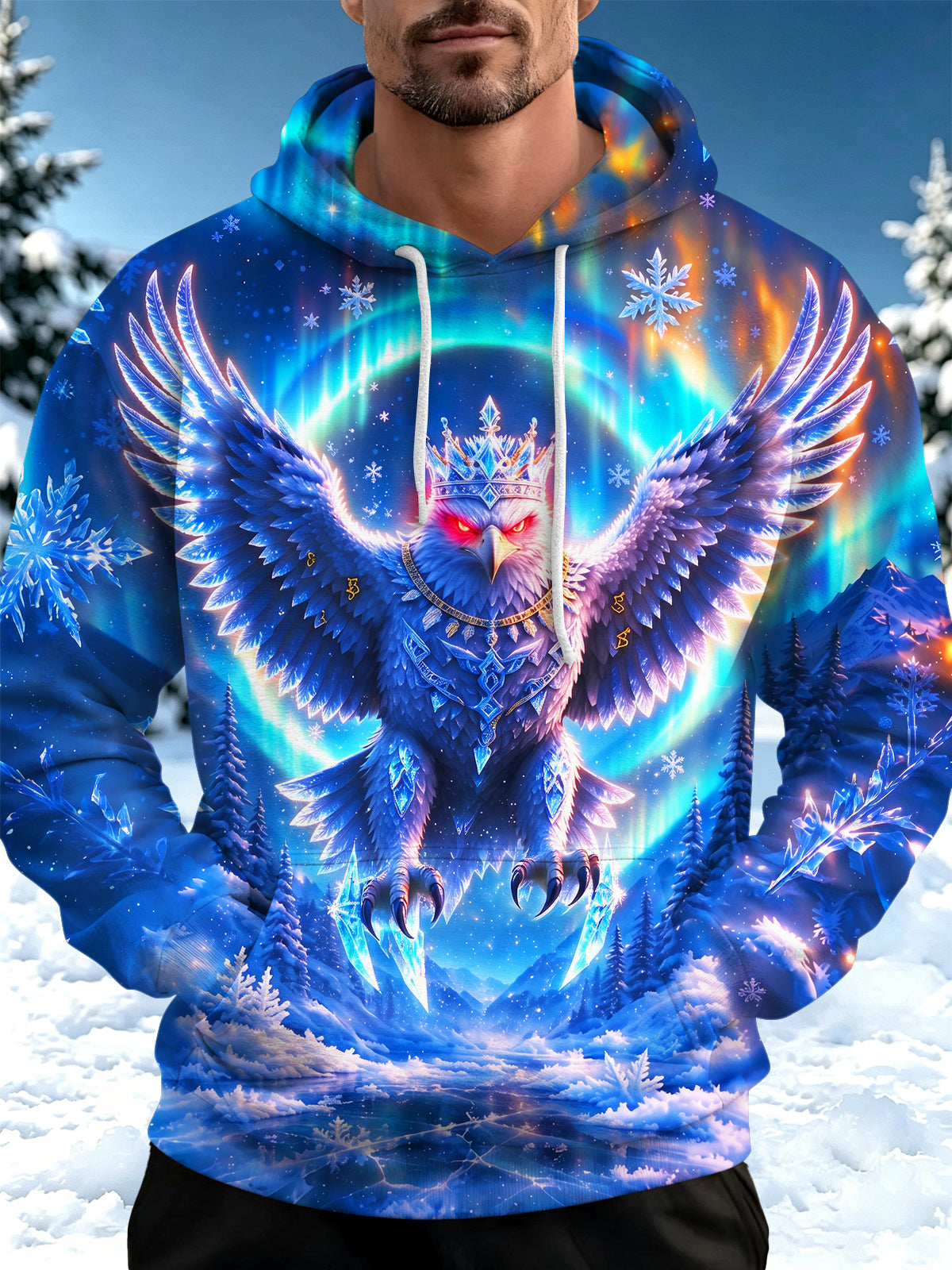 Adaychic Men's Long Sleeve Hoodie - Crowned Eagle With Aurora Borealis And Snowflakes Print
