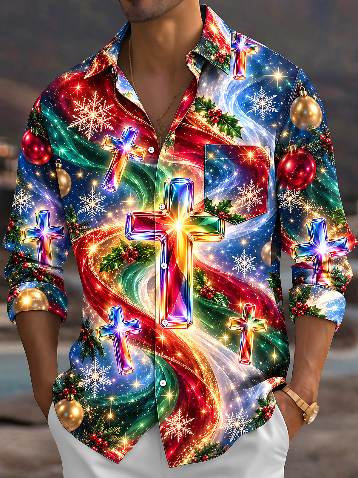 Adaychic Men's Long Sleeve Shirt - Colorful Crystal Crosses And Christmas Ornaments Print with Chest Pocket