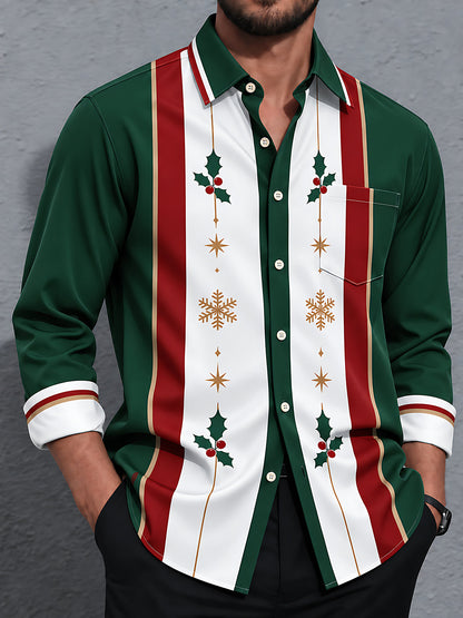 Adaychic Men's Patterned Christmas Holly And Snowflakes Print Long Sleeve Shirt with Chest Pocket