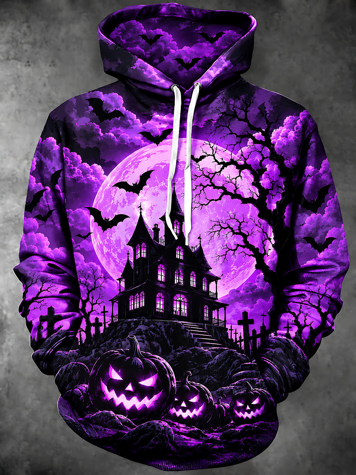 Adaychic Men's Long Sleeve Hoodie - Halloween Haunted Castle And Jack-o-lanterns Print