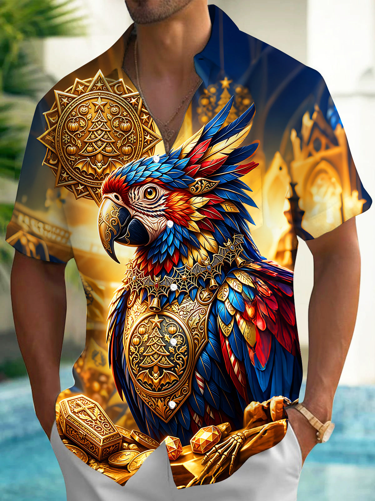 Adaychic Men's Graphic Christmas Parrot And Ornaments Print Short Sleeve Shirt