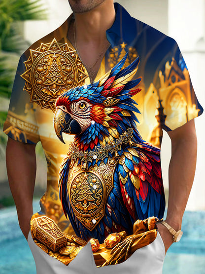 Adaychic Men's Graphic Christmas Parrot And Ornaments Print Short Sleeve Shirt