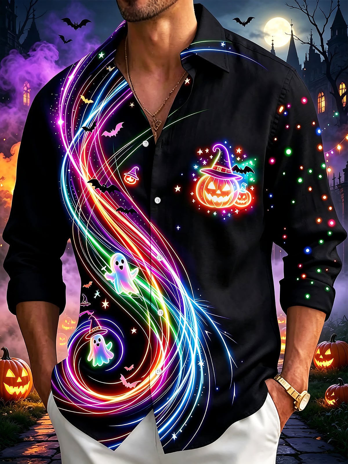 Adaychic Men's Neon Halloween Pumpkins Ghosts And Bats Print Long Sleeve Shirt with Chest Pocket