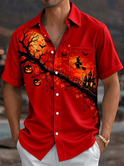 Adaychic Men's Graphic Halloween Witch And Pumpkins Print Short Sleeve Shirt with Chest Pocket