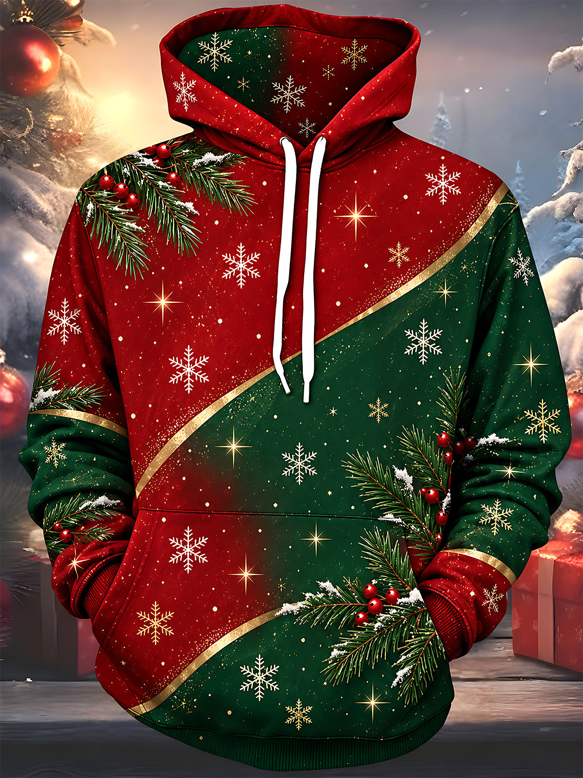 Adaychic Men's Christmas Pine Branches And Snowflakes Print Long Sleeve Hoodie