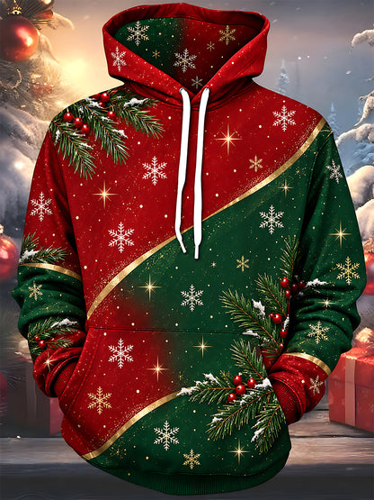 Adaychic Men's Christmas Pine Branches And Snowflakes Print Long Sleeve Hoodie