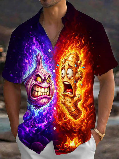 Adaychic Men's Graphic Cartoon Onion Fire Print Short Sleeve Shirt with Chest Pocket