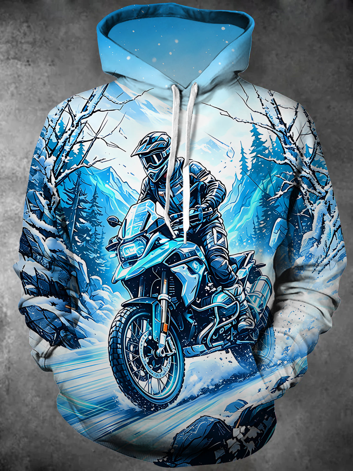 Adaychic Men's Long Sleeve Hoodie - Motorcycle Rider In Snowy Mountain Landscape Print