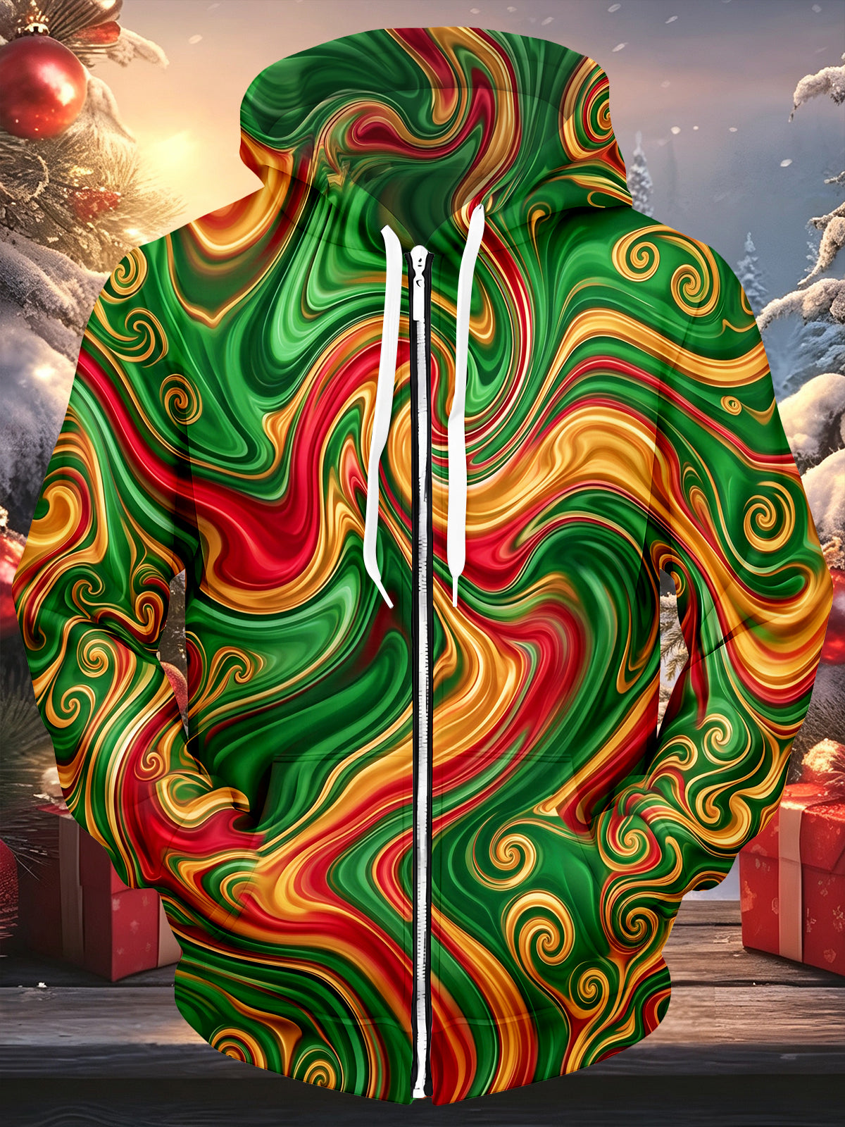 Adaychic Men's Christmas Abstract Fluid Swirl Pattern Long Sleeve Zip-Up Hoodie