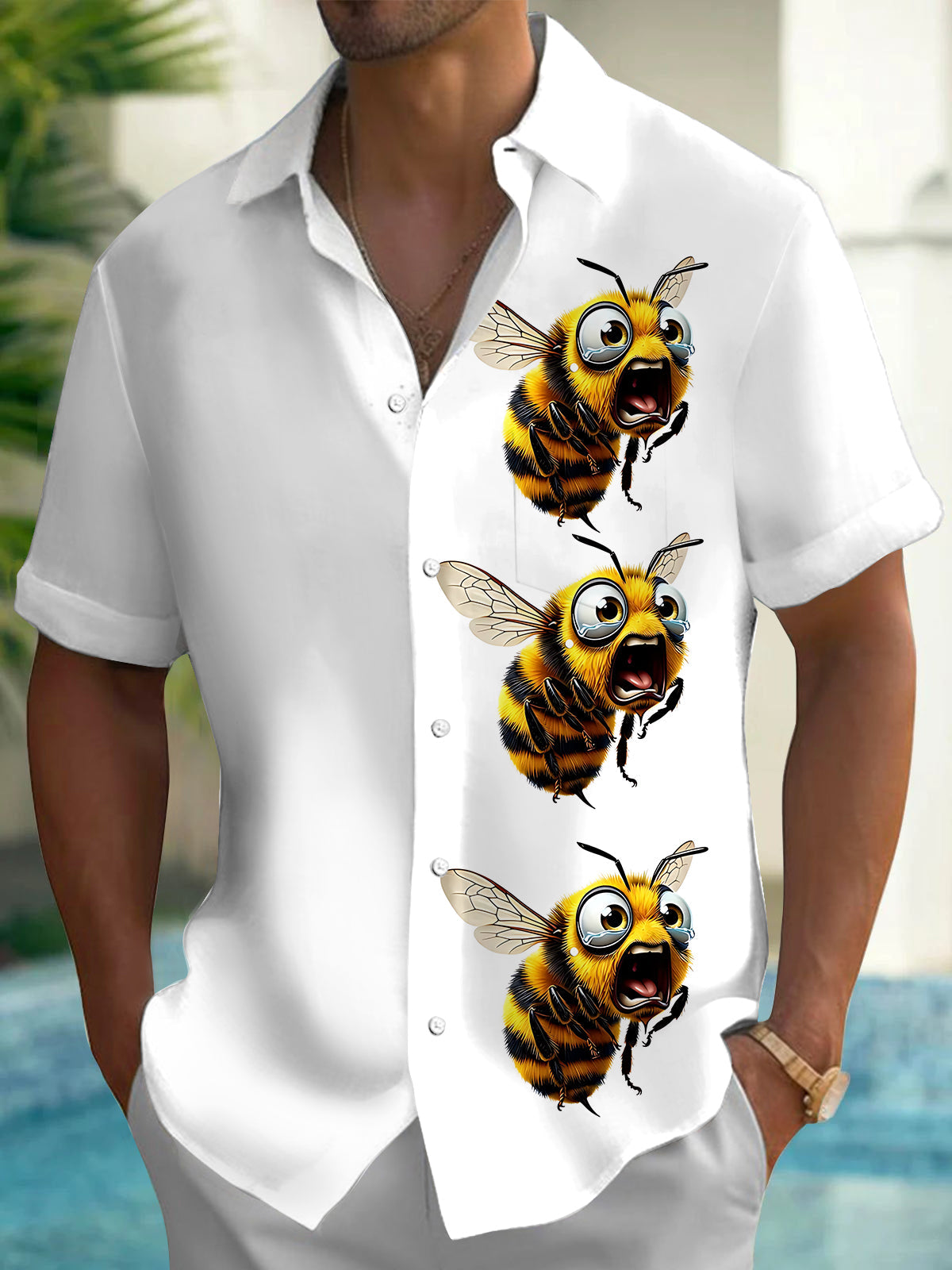 Adaychic Men's Hawaiian Crying Bee Print Short Sleeve Shirt with Chest Pocket