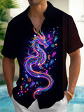 Adaychic Men's Graphic Neon Sea Dragon Print Short Sleeve Shirt with Chest Pocket