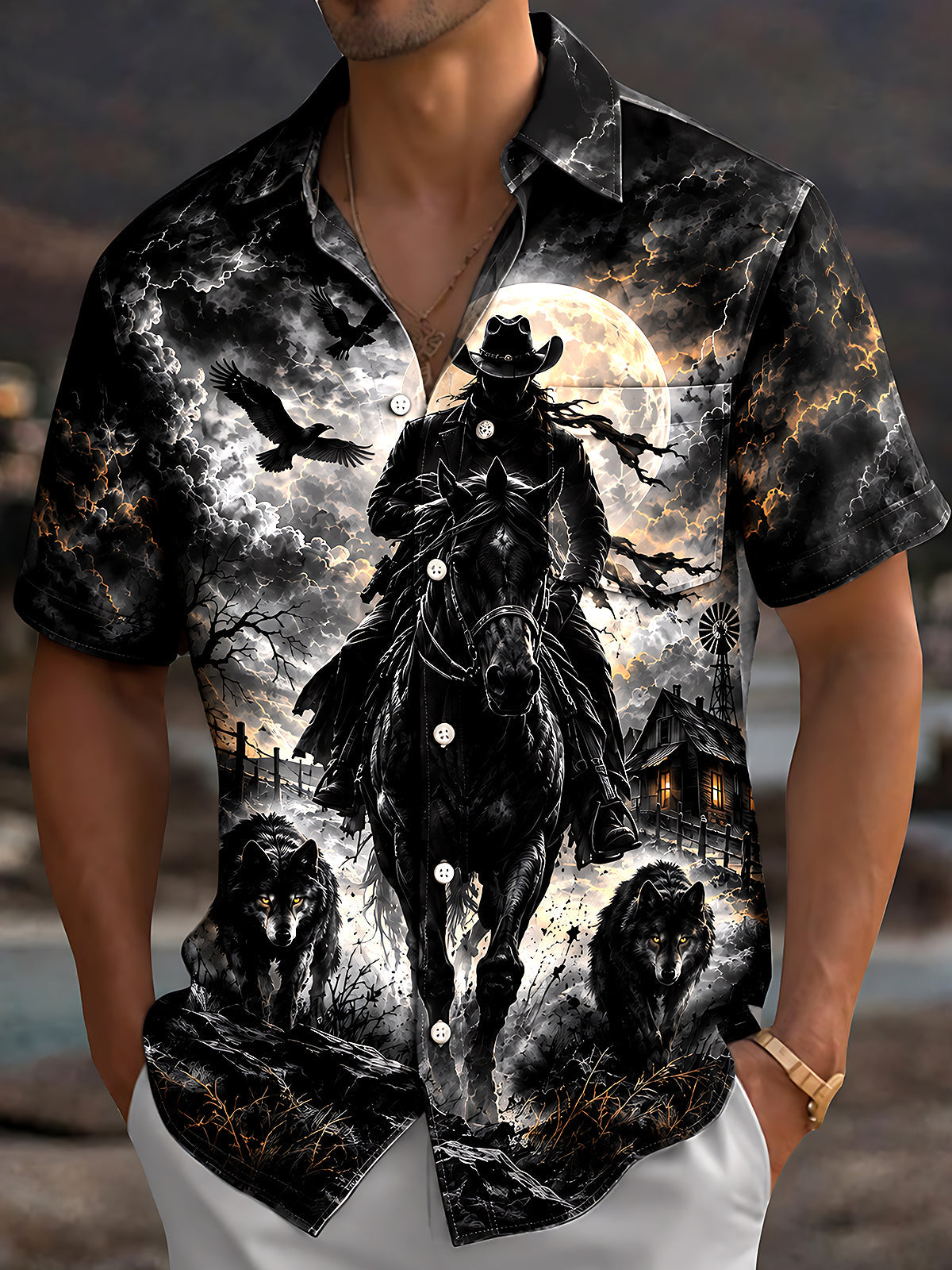 Adaychic Men's Short Sleeve Shirt - Halloween Dark Fantasy Landscape Print Cowboy On Horseback With Wolves And Crows Print