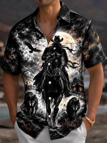 Adaychic Men's Short Sleeve Shirt - Halloween Dark Fantasy Landscape Print Cowboy On Horseback With Wolves And Crows Print