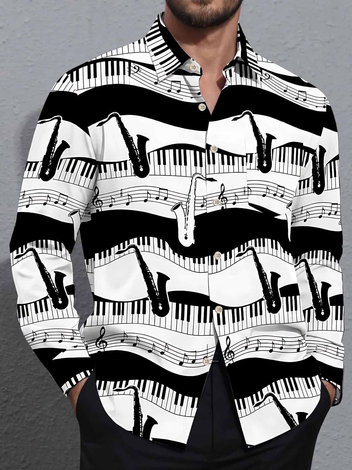 Adaychic Men's Graphic Piano Keys And Musical Notes Print Long Sleeve Shirt with Chest Pocket