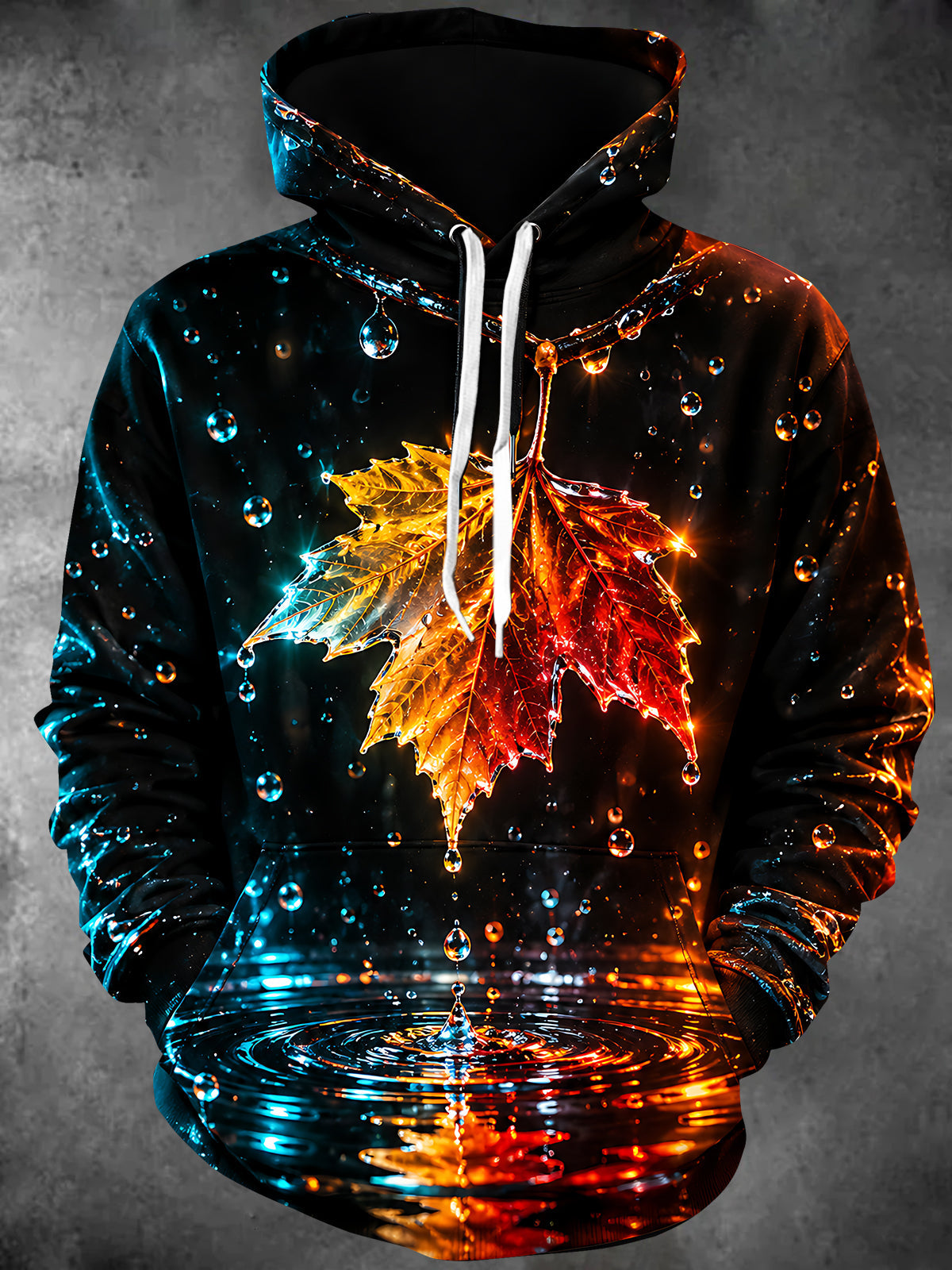 Adaychic Men's Graphic Maple Leaf And Water Droplets Print Long Sleeve Hoodie