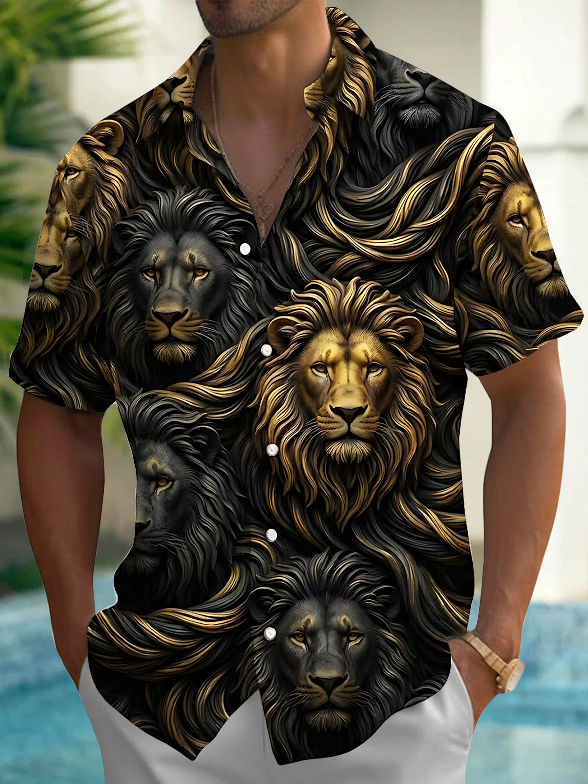 Adaychic Men's Hawaiian Lion Faces Print Short Sleeve Shirt with Chest Pocket