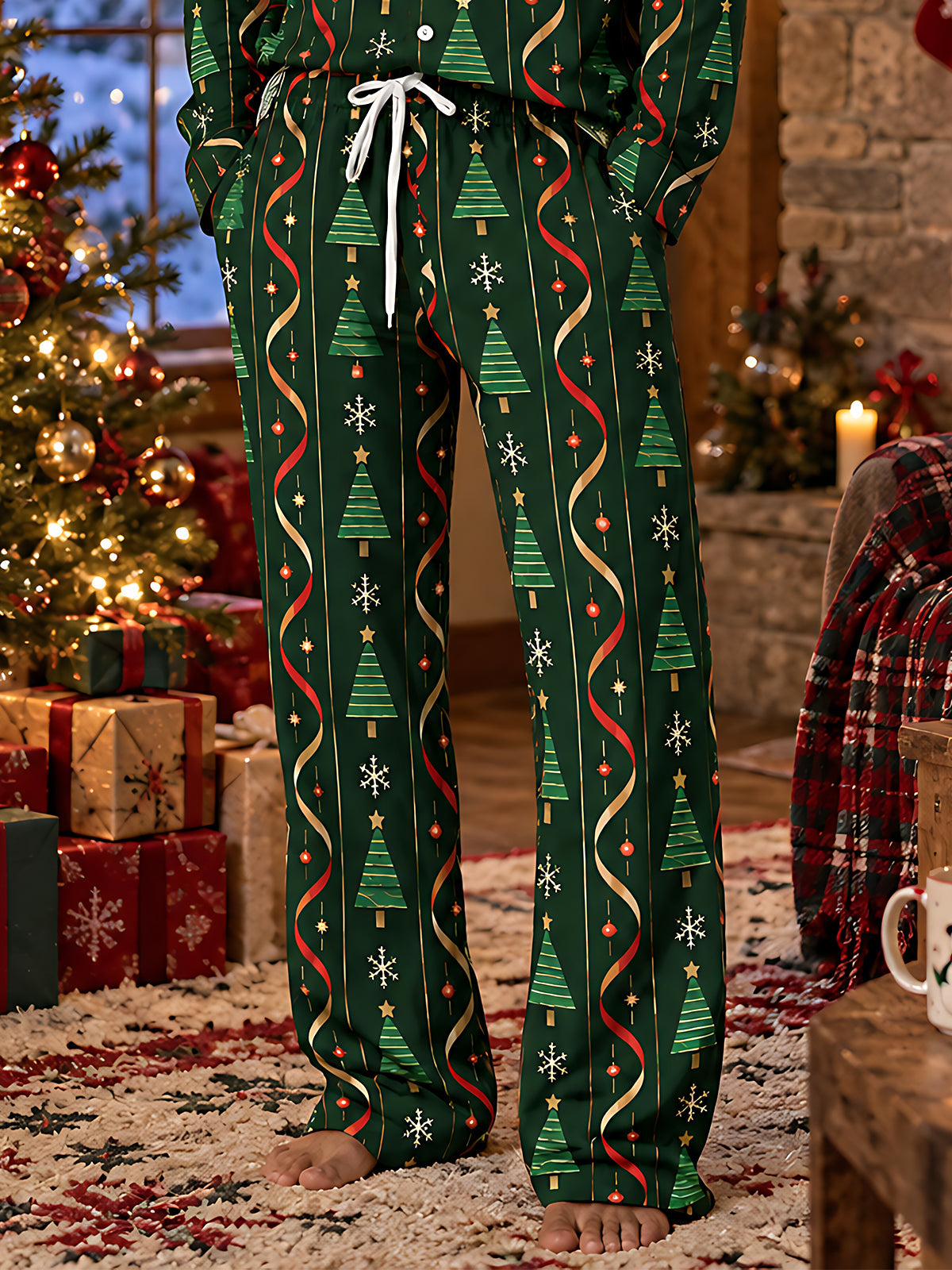 Adaychic Men's Printed Christmas Trees And Snowflakes Print Pants