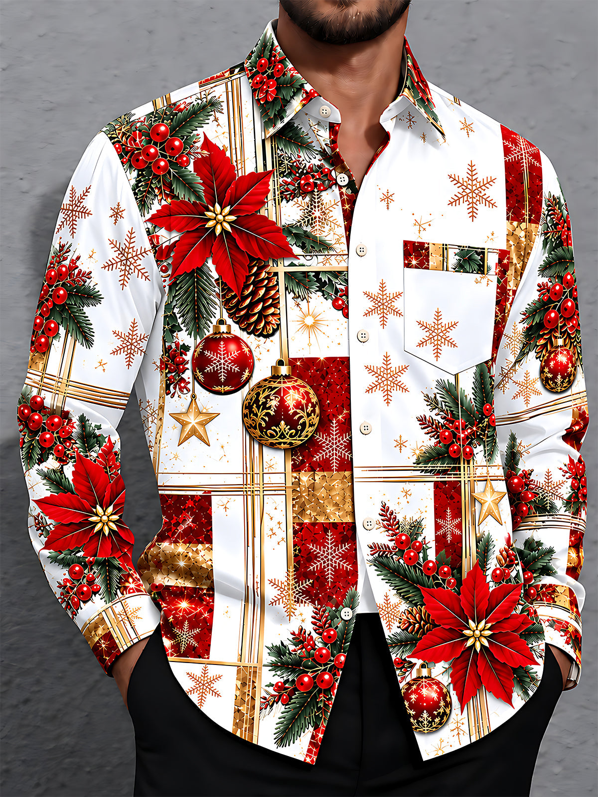 Adaychic Men's Christmas Poinsettia And Ornaments Print Long Sleeve Shirt with Chest Pocket