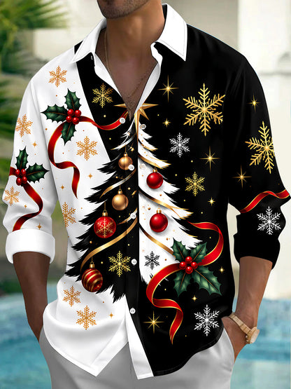 Adaychic Men's Christmas Tree With Ornaments And Holly Print Long Sleeve Shirt with Chest Pocket