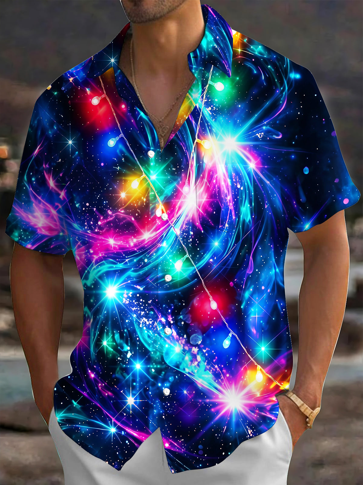 Adaychic Men's Hawaiian Galaxy Nebula Print Short Sleeve Shirt with Chest Pocket