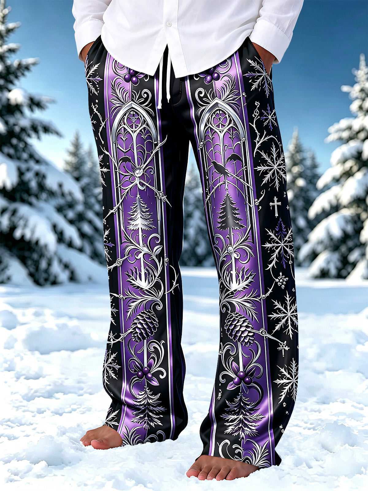Adaychic Men's Graphic Gothic Arches With Pine Trees And Snowflakes Print Pants