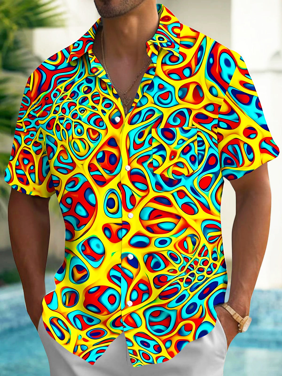 Adaychic Men's Printed Abstract Psychedelic Fluid Pattern Short Sleeve Shirt with Chest Pocket