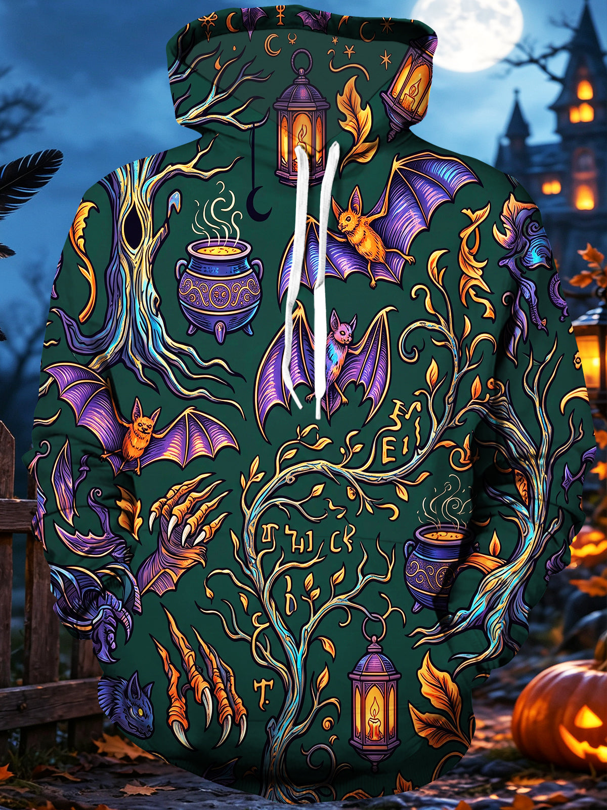 Adaychic Men's Long Sleeve Hoodie - Halloween Bats And Cauldrons In A Dark Forest Print