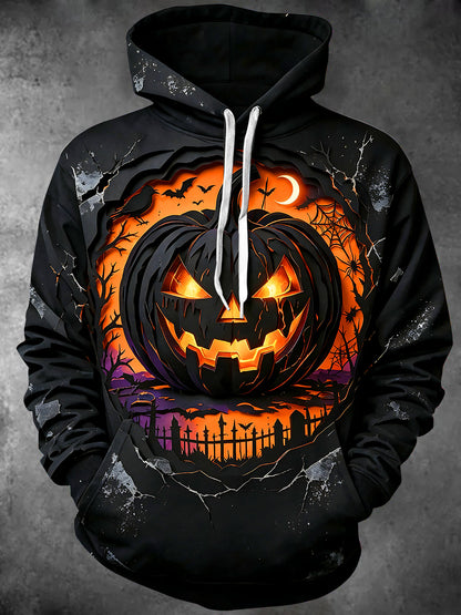 Adaychic Men's Long Sleeve Hoodie - Halloween Jack-o-lantern And Graveyard Scene Print