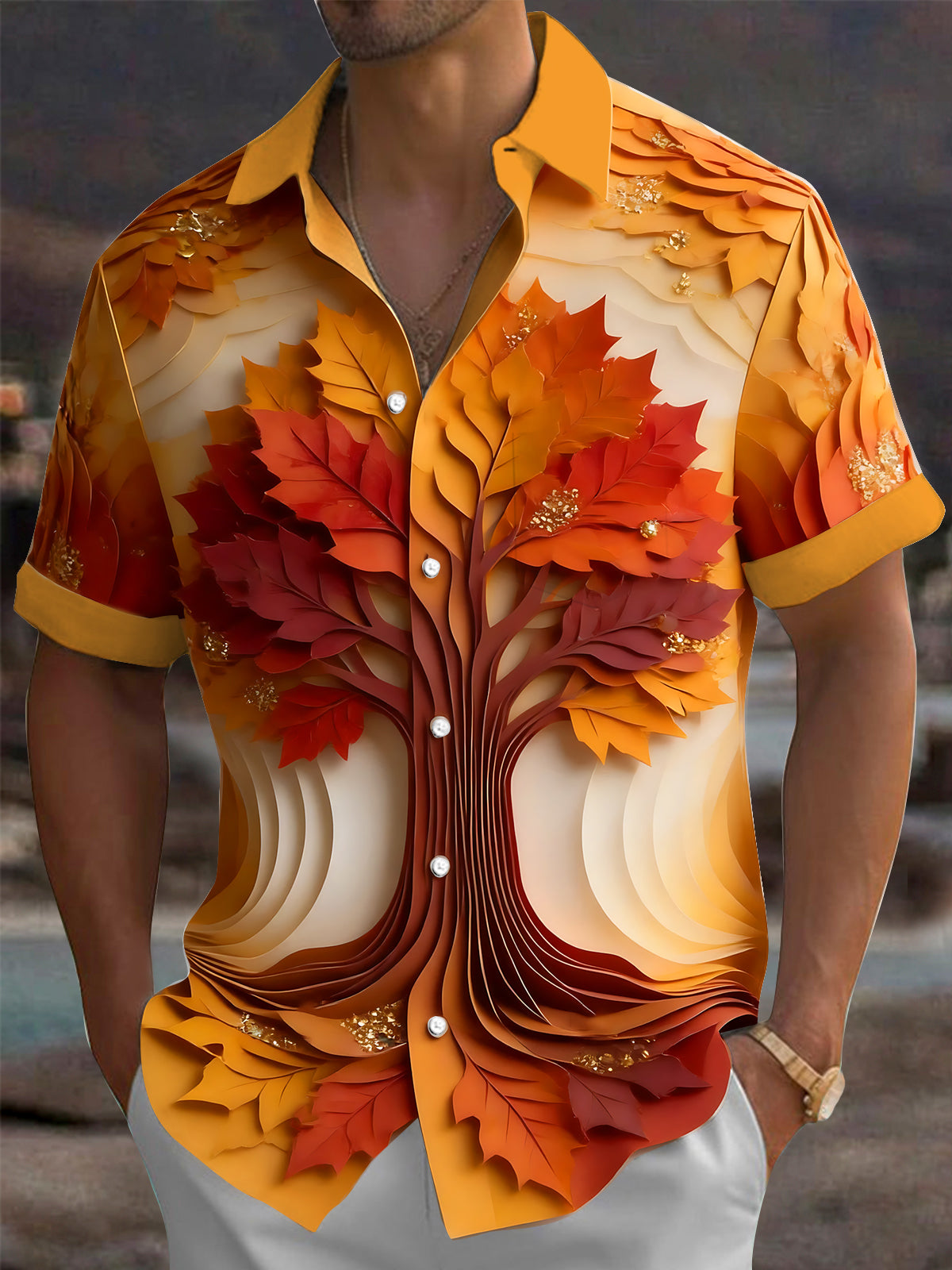 Adaychic Men's 3D Autumn Maple Tree Leaves Print Short Sleeve Shirt with Chest Pocket
