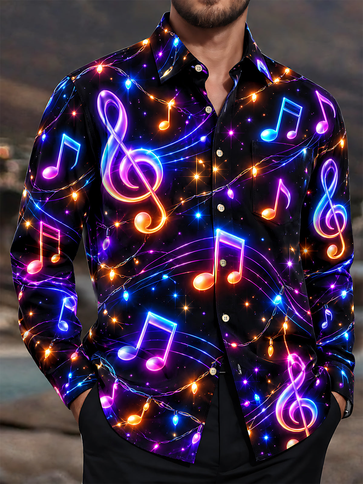 Adaychic Men's Graphic Music Notes And Treble Clefs Print Long Sleeve Shirt with Chest Pocket