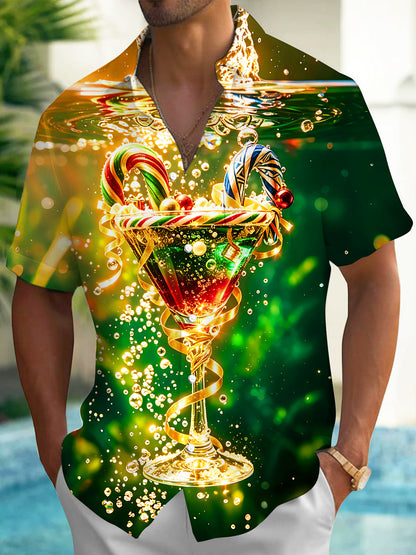Adaychic Men's Printed Christmas Cocktail Print Short Sleeve Shirt with Chest Pocket