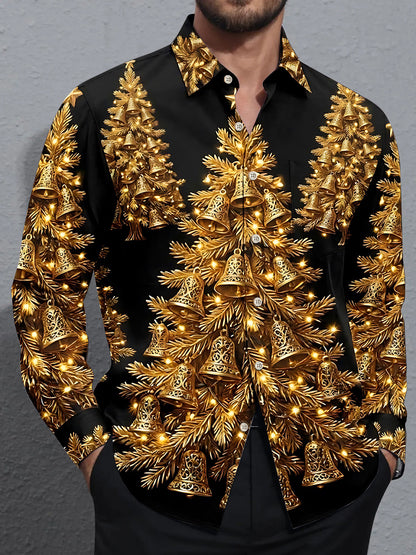 Adaychic Men's Long Sleeve Shirt - Golden Christmas Trees With Bells And Lights Print with Chest Pocket